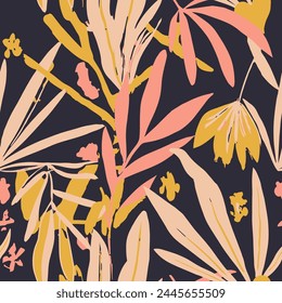 Yellow Seamless Summer Spring Shape Backdrop. Vibrant Continuous Decoration Beach Decor, Seamless Print. Purple Repetitive Contemporary Natural Leaves Pattern. 