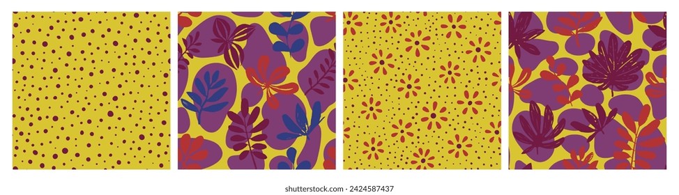 Yellow Seamless Summer Tropic Invitation Design. Blue Repeated Classic Vintage Fabrics, Seamless Collection. Pink Seamless Color Bloom Surface Texture. 