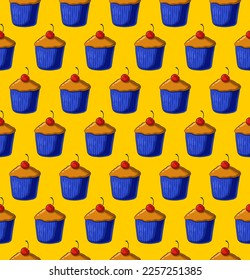 YELLOW SEAMLESS VECTOR BACKGROUND WITH FRESH DELICIOUS CUPCAKES