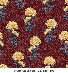yellow seamless vector stock flowers with leaves bunches pattern on pink texture paisley red background