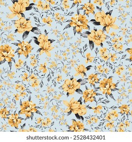 yellow seamless vector stock flowers with grey leaves pattern on blue background