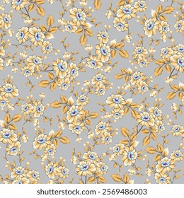 yellow seamless vector stock flowers with leaves pattern on grey background