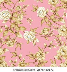 yellow seamless vector stock flowers with leaves pattern on pink background