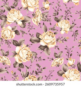 yellow seamless vector stock flowers with brown leaves pattern on pink background