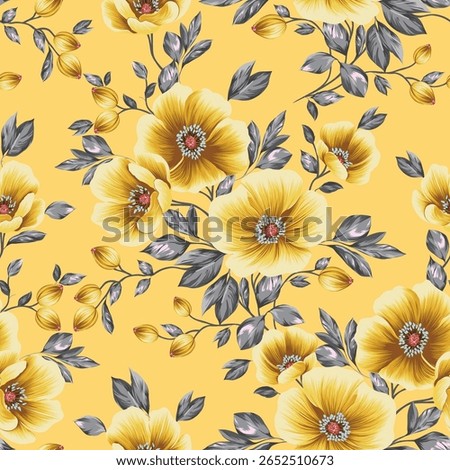yellow seamless vector stock flowers with grey leaves pattern on background