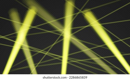 Yellow searchlights in the air. Cone lights from bottom with darkened edges. Volumetric spotlight effect on dark background. Empty studio or concert scene. 3d rendering.