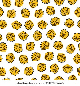 Yellow seashell white background seamless pattern.