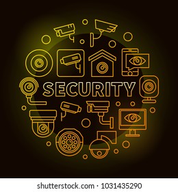 Yellow security vector round concept illustration or symbol made with outline CCTV icons on dark background