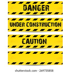 Yellow security warning tapes set Caution, Do not cross, Do not enter, Danger. For web, criminal and law design