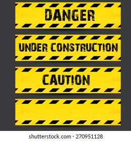 Yellow security warning tapes set Caution, Do not cross, Do not enter, Danger. For web, criminal and law design