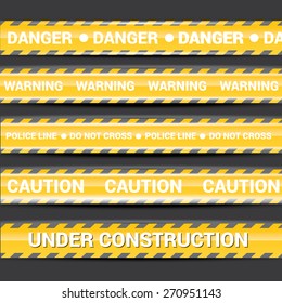 Yellow security warning tapes set Caution, Do not cross, Do not enter, Danger. For web, criminal and law design