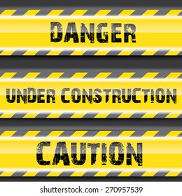 Yellow security warning tapes set Caution, Do not cross, Do not enter, Danger. For web, criminal and law design