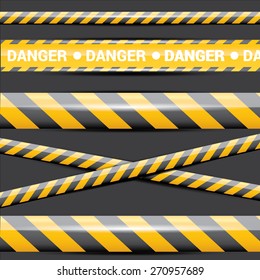 Yellow security warning tapes set Caution, Do not cross, Do not enter, Danger. For web, criminal and law design