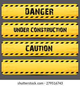 Yellow security warning tapes set Caution, Do not cross, Do not enter, Danger. For web, criminal and law design