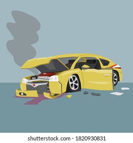 Yellow sedan car was severely damaged. Windows were broken.  Bonnet was distorted. Front wheels folded and the front bumper had broken apart. Unable to drive further. Smoke escaped from the car.