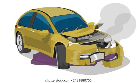 Yellow sedan car was severely damaged. The front bumper is broken. The front hood is bent. Steam smoke comes out of the boiler. With oil leak under of car. On isolated white background.