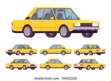 Yellow sedan set. Saloon type of vehicle, passenger car with extended boot designed for city or highway safe drive and seat comfort. Vector flat style cartoon illustration isolated on white background