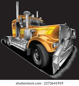 yellow semi truck,isolated on black background for business elements, screen printing, digital printing,DGT,DFT and poster.