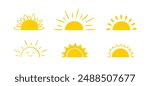 Yellow semicircle doodle half sun Hand drawn icons set in doodle style. Sunset simple graphic symbols. Summer heat icons. Half round solar element. Vector illustration