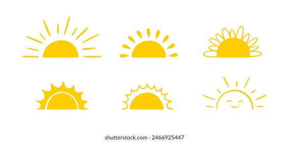 Yellow semicircle doodle half sun Hand drawn icons set in doodle style. Sunset simple graphic symbols. Summer heat icons. Half round solar element. Vector illustration