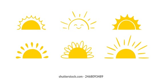 Yellow semicircle doodle half sun Hand drawn icons set in doodle style. Sunset simple graphic symbols. Summer heat icons. Half round solar element. Vector illustration