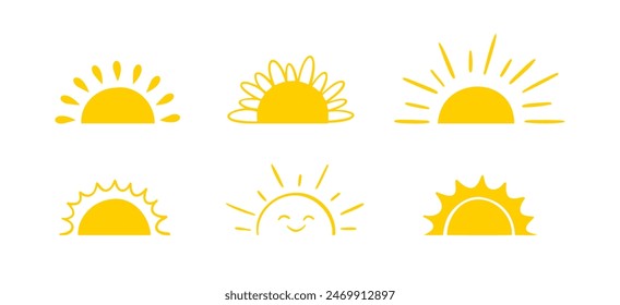 Yellow semicircle doodle half sun Hand drawn icons set in doodle style. Sunset simple graphic symbols. Summer heat icons. Half round solar element. Vector illustration