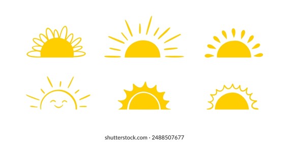 Yellow semicircle doodle half sun Hand drawn icons set in doodle style. Sunset simple graphic symbols. Summer heat icons. Half round solar element. Vector illustration