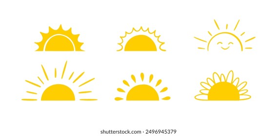 Semicírculo amarillo doodle medio sol Iconos dibujados a mano en estilo doodle. Sunset símbolos gráficos simples. Iconos de calor de verano. Elemento solar medio redondo. Ilustración vectorial