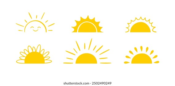 Yellow semicircle doodle half sun Hand drawn icons set in doodle style. Sunset simple graphic symbols. Summer heat icons. Half round solar element. Vector illustration