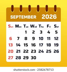 Yellow september 2026 Calendar. Sep 2026 Monthly Planner. september 2026. Yellow september 2026 Time Management Calendar. 