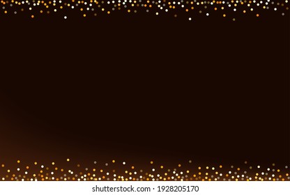 Yellow Sequin Bright Brown Dark Background. Christmas Polka Card. Golden Sparkle Isolated Texture. Round Shiny Backdrop.