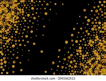 Yellow Sequin Festive Vector Black Background. Bright Sparkle Wallpaper. Gold Shine Abstract Pattern. Rain Bridal Texture.