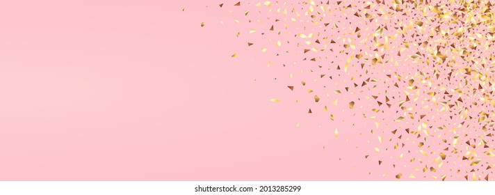 Yellow Sequins Bridal Panoramic Pink Background. Paper Tinsel Pattern. Golden Splash Rich Postcard. Foil Bright Illustration.