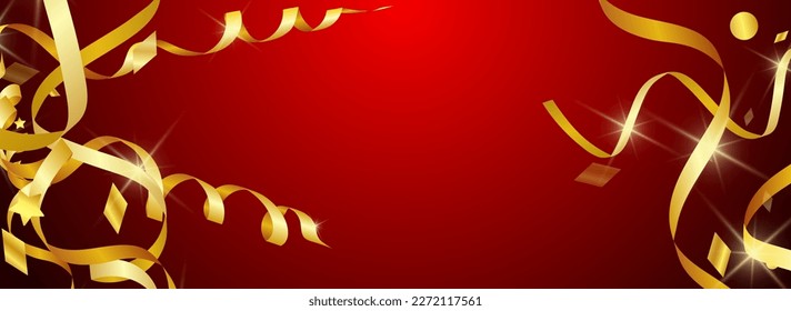 Yellow Serpentine Celebration Vector Panoramic Red Background. Falling Confetti Template. Star Happy Design. Golden Carnival Poster.