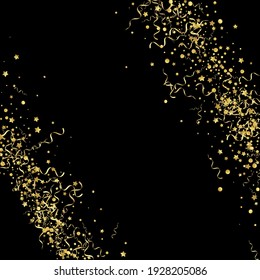 Yellow Serpentine Christmas Vector Black Background. Falling Streamer Template. Confetti Festive Invitation. Gold Fun Illustration.