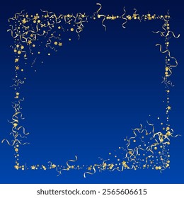 Yellow Serpentine Decoration Vector Blue Background. Flying Confetti Template. Spiral Anniversary Illustration. Gold Falling Invitation.