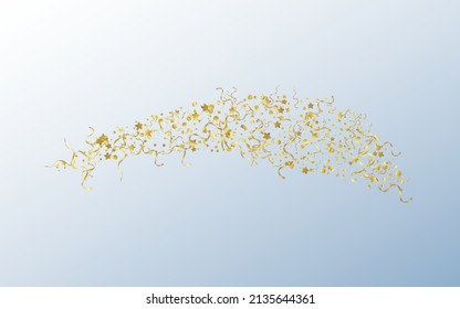 Yellow Serpentine Decoration Vector Gray Background. Carnival Star Branch. Confetti Abstract Illustration. Gold Celebration Design.