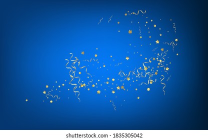 Yellow Serpentine Festive Vector Blue Background. Anniversary Star Illustration. Confetti Party Template. Golden Isolated Poster.