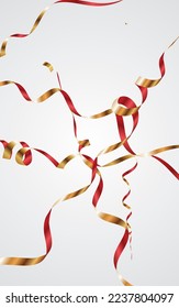 Yellow Serpentine Flying Vector Grey Background. Paper Ribbon Design. Streamer Carnival Illustration. Gold and Red Happy Poster.
