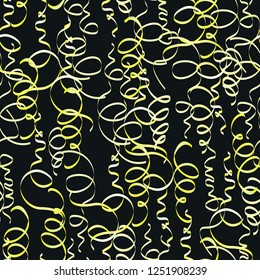 Yellow serpentine on black. Luxurious tinsel elements. Holiday backdrop. Vector illustration