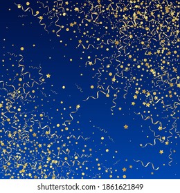 Yellow Serpentine Paper Vector Blue Background. Festive Confetti Branch. Star Abstract Illustration. Gold Celebration Design.