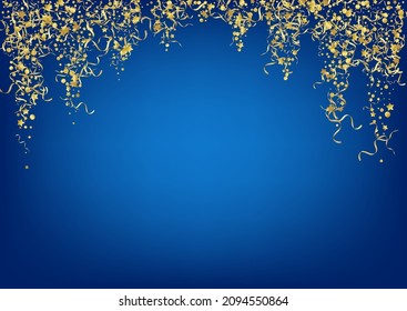 Yellow Serpentine Paper Vector Blue Background. Shiny Confetti Template. Streamer Carnival Branch. Gold Flying Poster.