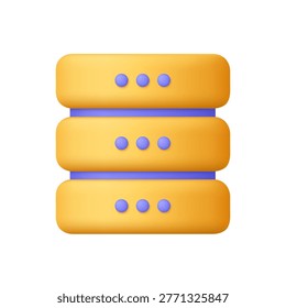 Yellow server rack with three stacked units. Data memory and data center. Data storage, cloud computing and web hosting concept. 3d vector icon. Cartoon minimal style.