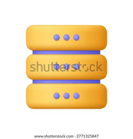 Yellow server rack with three stacked units. Data memory and data center. Data storage, cloud computing and web hosting concept. 3d vector icon. Cartoon minimal style.