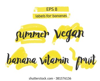 yellow set of banana labels on a white background. 
label with the text: summer, vegan, banana, vitamin, fruit. Vector set sketched design elements for banner, scrapbook, craft, card, poster. 