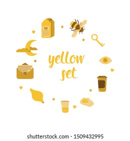yellow set with a bee, lemon, coffee, key, letter, juice, egg, eye, moon, stars and clouds. Simple vector illustration