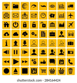 yellow set of black flat web, multimedia and business icons on a white background