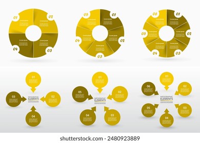 Yellow set of circle infographic elements with 4, 5 and 6 processes, options, parts or steps.