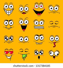 Yellow set of cute happy smiley emotions,vector illustration