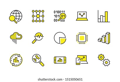 Yellow Set Data Analysis Related Technology Vector Line Icons. Contains such Icons as Charts, Search, Graphs, Traffic Analysis, Big Data and more. Editable Stroke. 32x32 Pixel Perfect